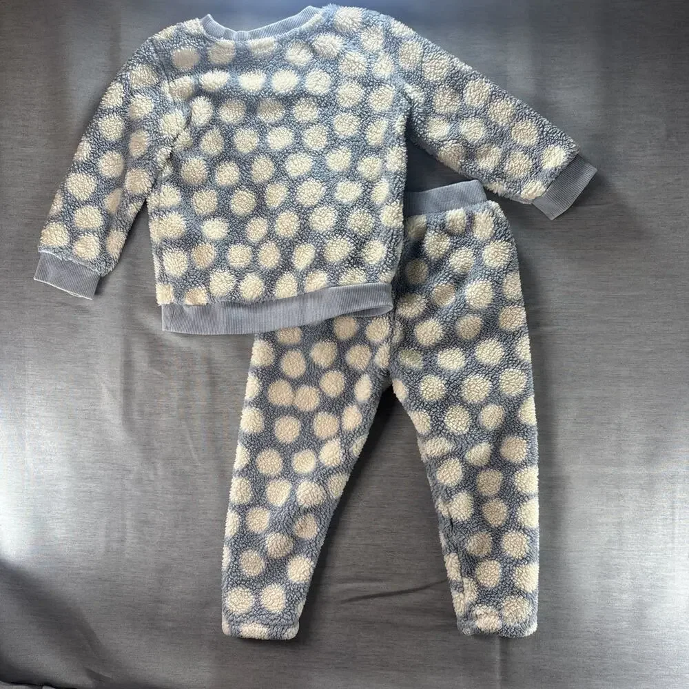Hanna Andersson 3T Blue White/Cream Polka Dot Fleece‎ 2pc Outfit Set Pants Fuzzy